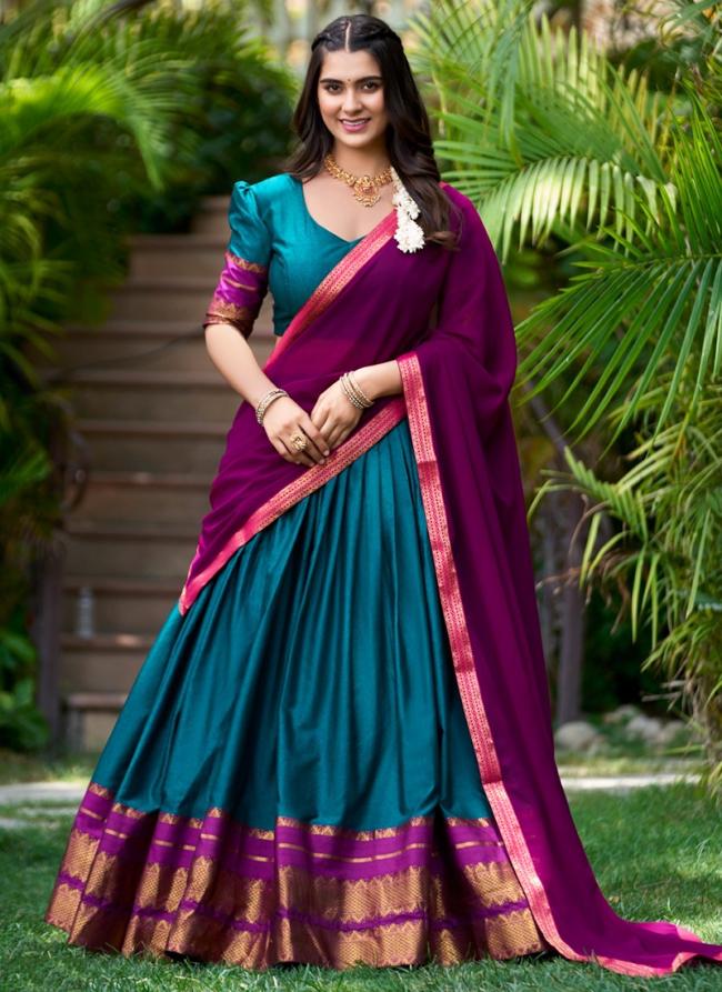 Poly Cotton Teal Traditional Wear Weaving Lehenga Choli